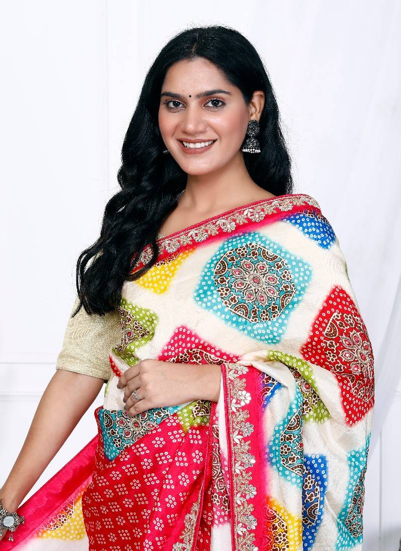Multicolor bandhani printed silk blend saree for women