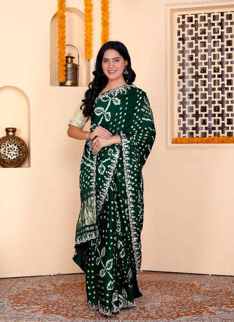 Green indian wedding bandhej hand work satin saree