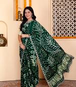 Green indian wedding bandhej hand work satin saree
