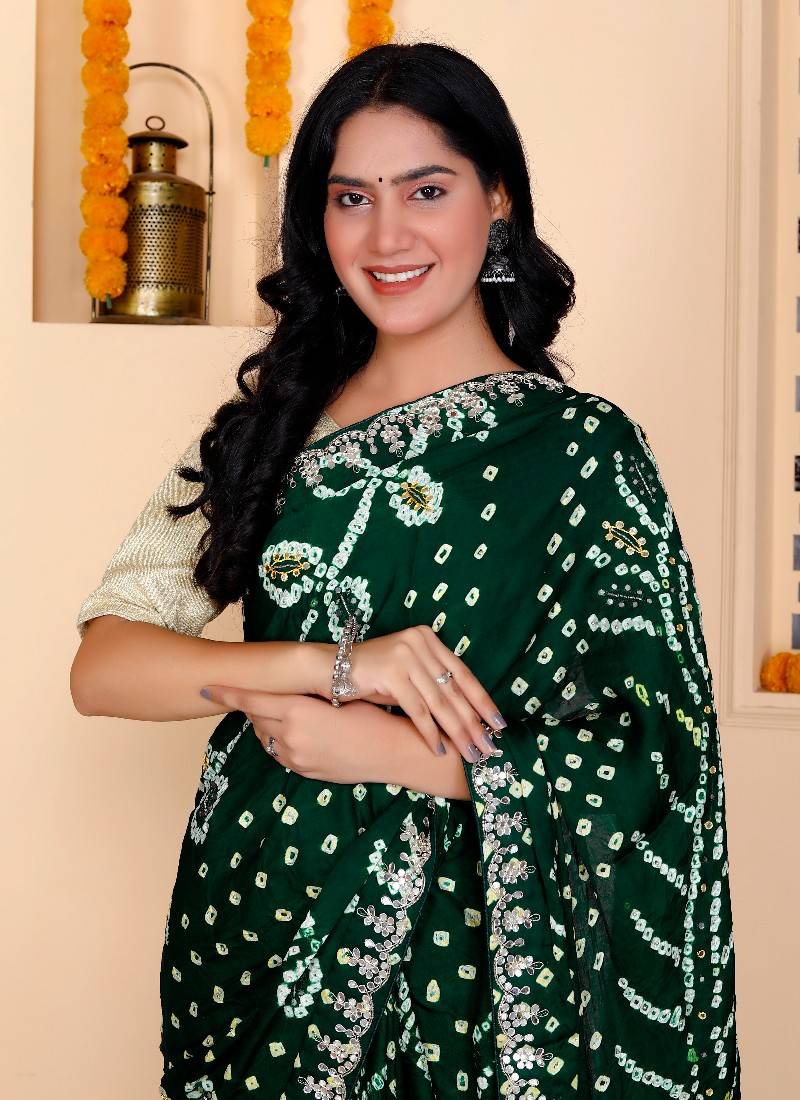 Green indian wedding bandhej hand work satin saree