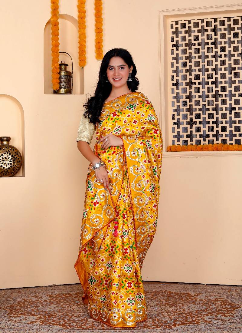 Yellow silk blend handwork saree