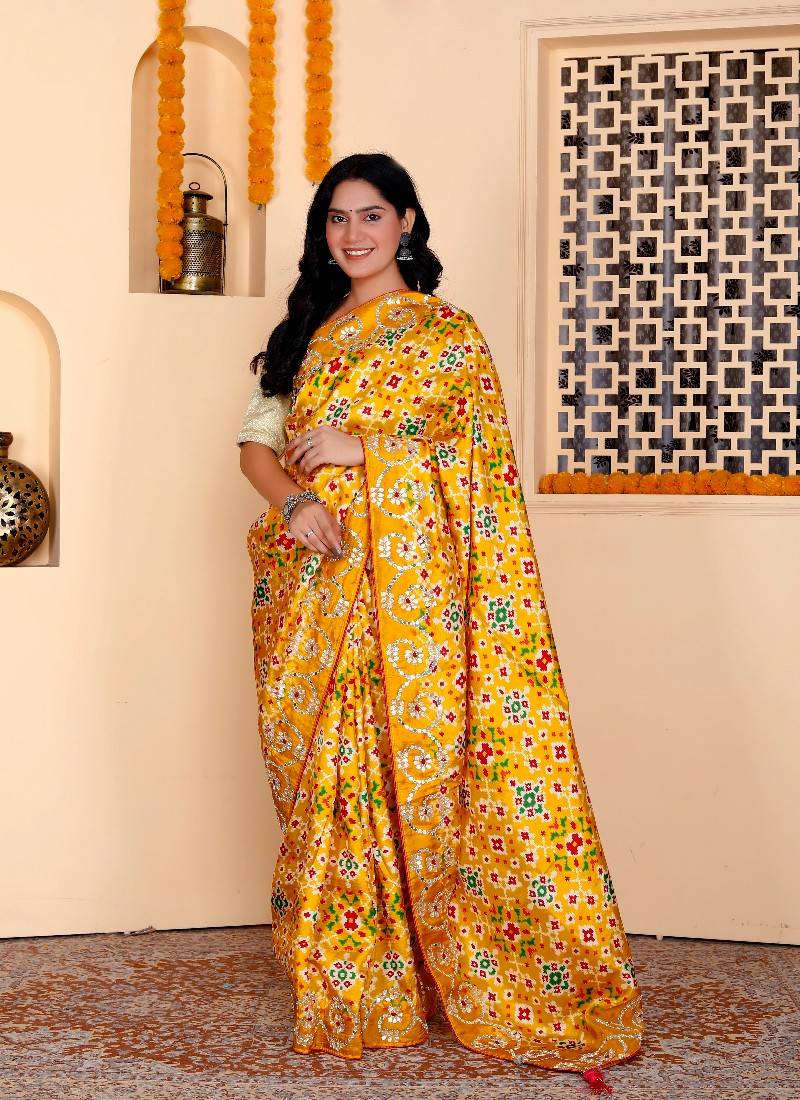 Yellow silk blend handwork saree