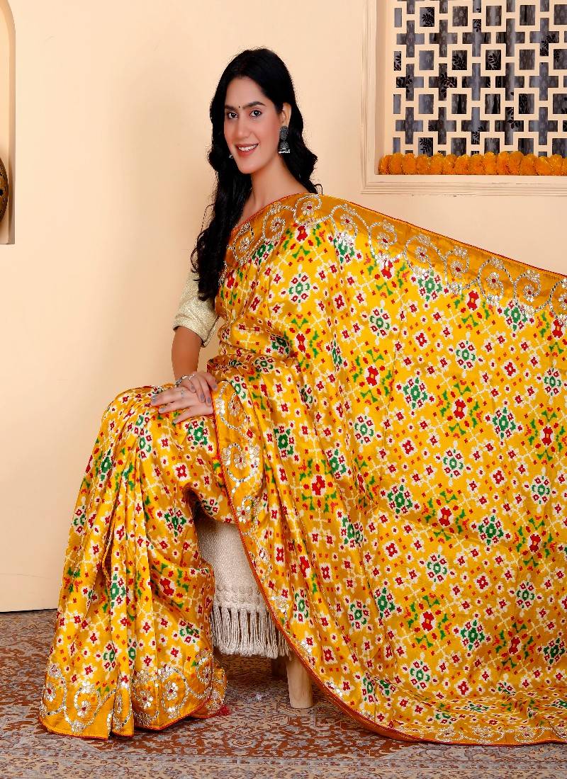 Yellow silk blend handwork saree