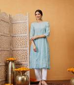 Hand embroidered blue cotton lucknowi chikankari anarkali a-line kurta