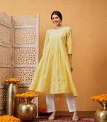 Hand embroidered yellow cotton lucknowi chikankari anarkali a-line kurta