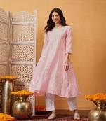 Hand embroidered pink cotton lucknowi chikankari anarkali a-line kurta