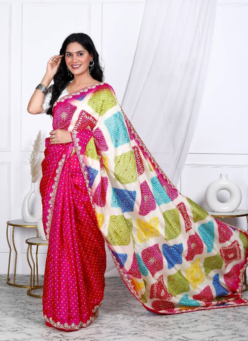 Multicolor bandhani ajrakh digital print silk blend saree
