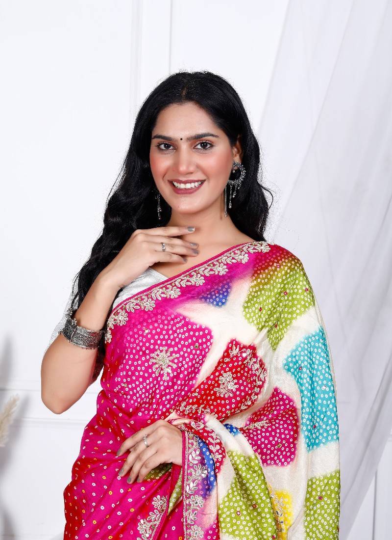 Multicolor bandhani ajrakh digital print silk blend saree