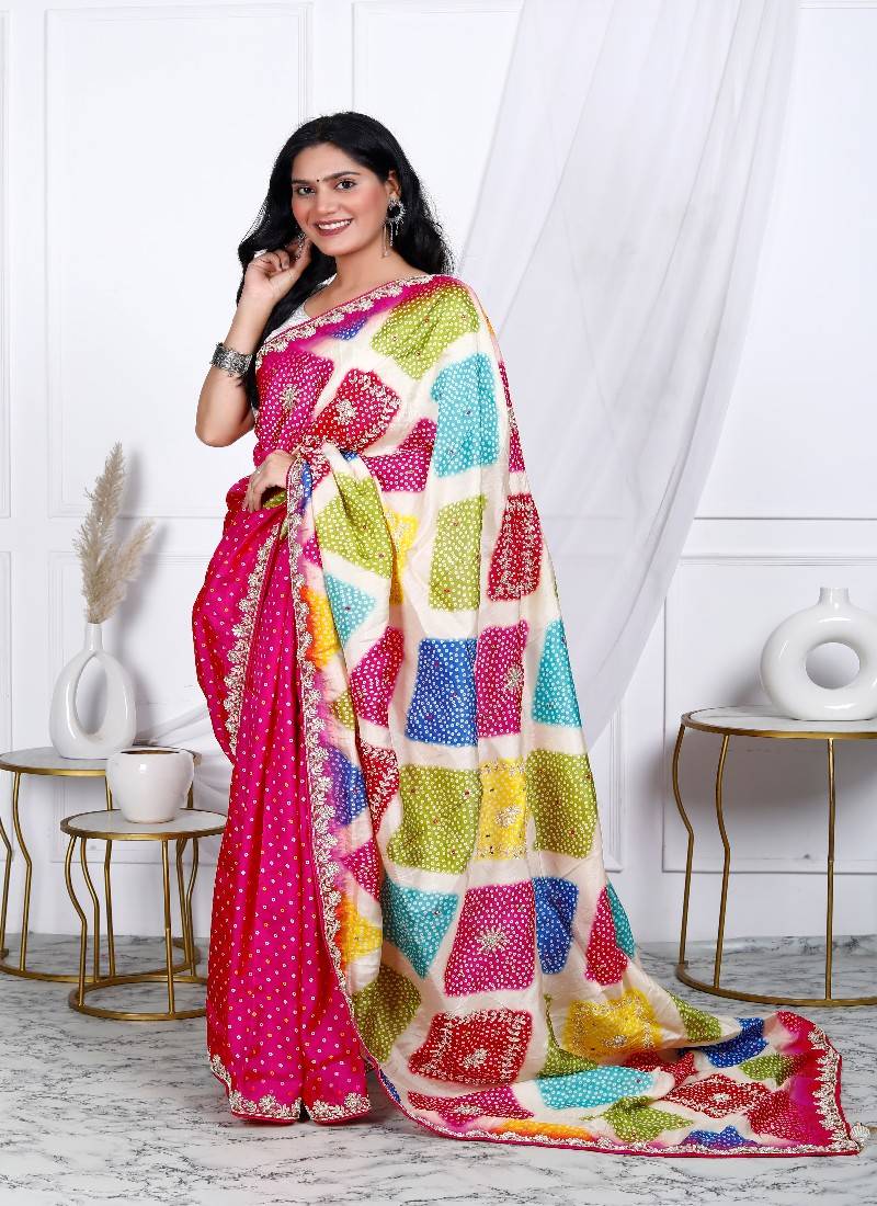 Multicolor bandhani ajrakh digital print silk blend saree