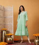 Hand embroidered green cotton lucknowi chikankari anarkali a-line kurta