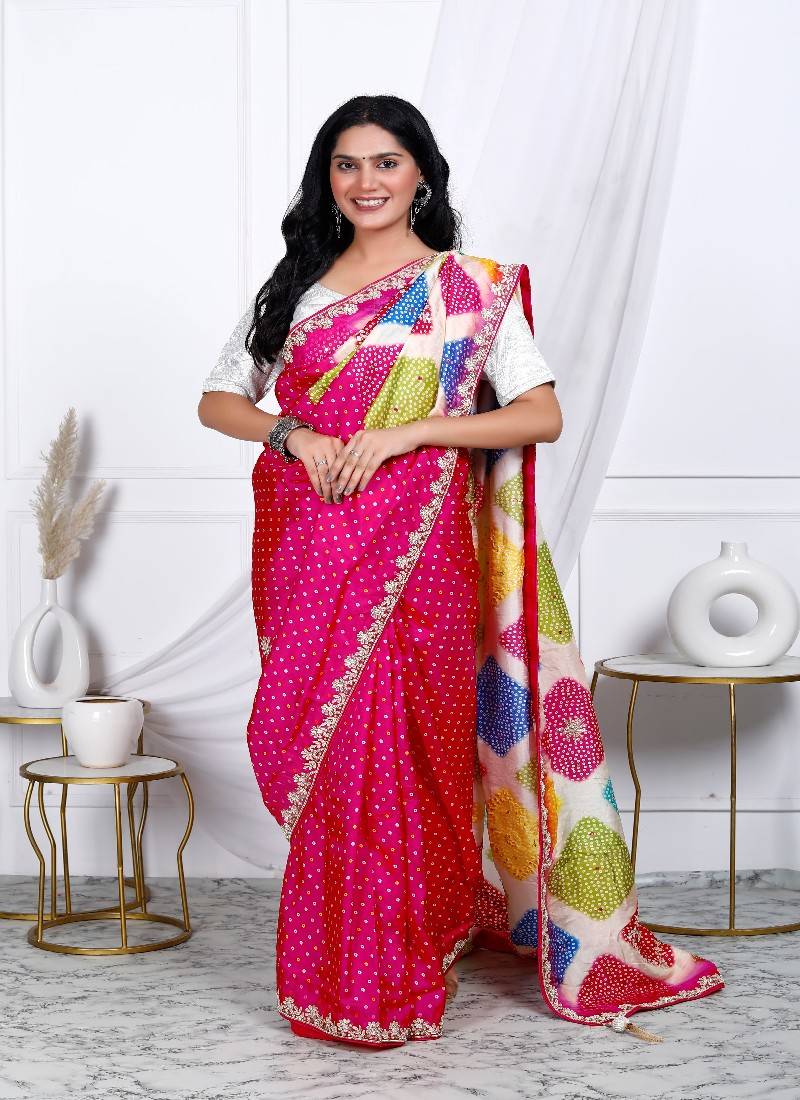 Multicolor bandhani ajrakh digital print silk blend saree