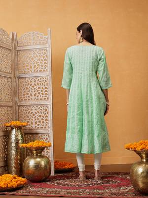 Hand embroidered green cotton lucknowi chikankari anarkali a-line kurta 2
