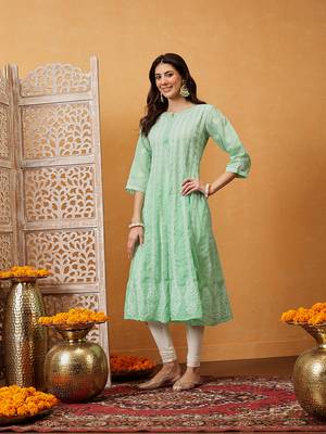 Hand embroidered green cotton lucknowi chikankari anarkali a-line kurta 3