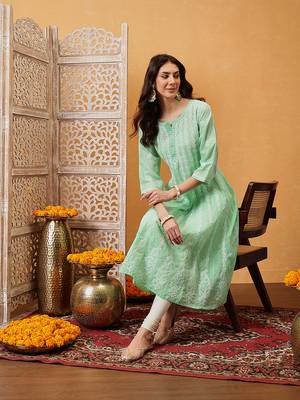 Hand embroidered green cotton lucknowi chikankari anarkali a-line kurta 4