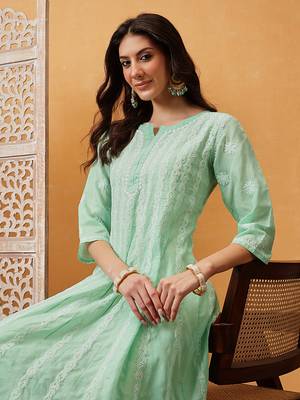 Hand embroidered green cotton lucknowi chikankari anarkali a-line kurta 5