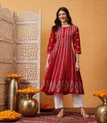 Hand embroidered red cotton lucknowi chikankari anarkali a-line kurta