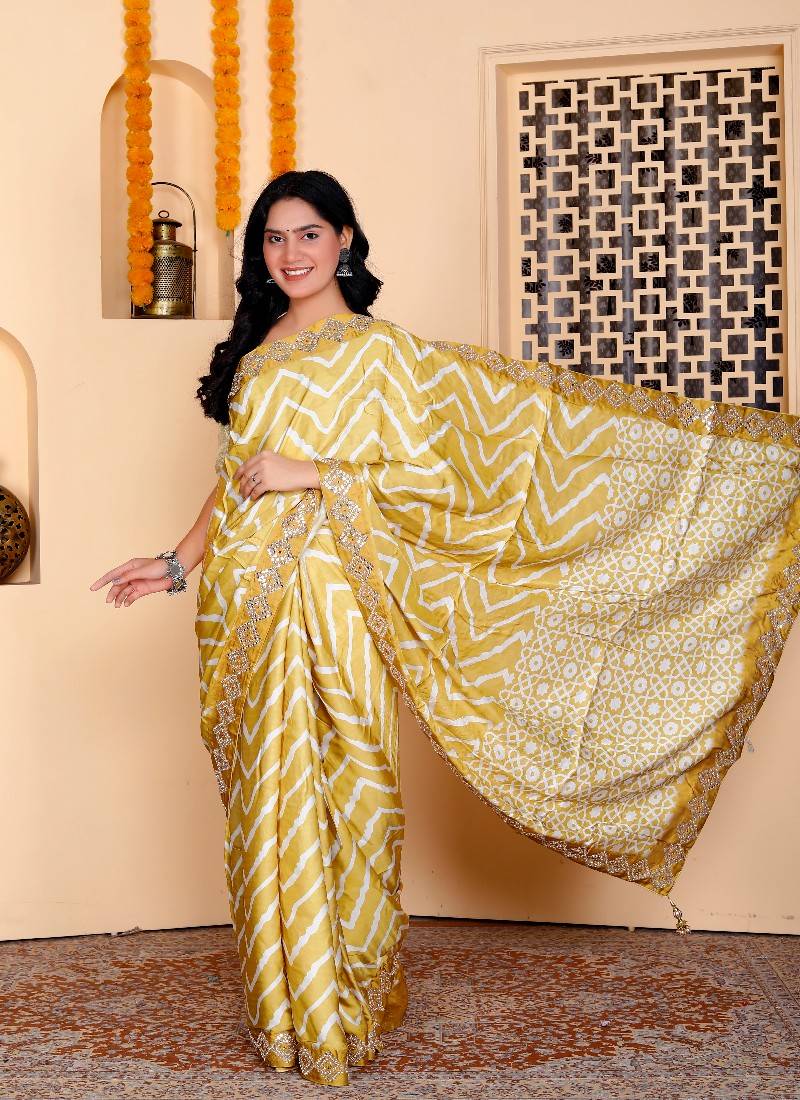 Yellow digital print silk blend handwok saree for women