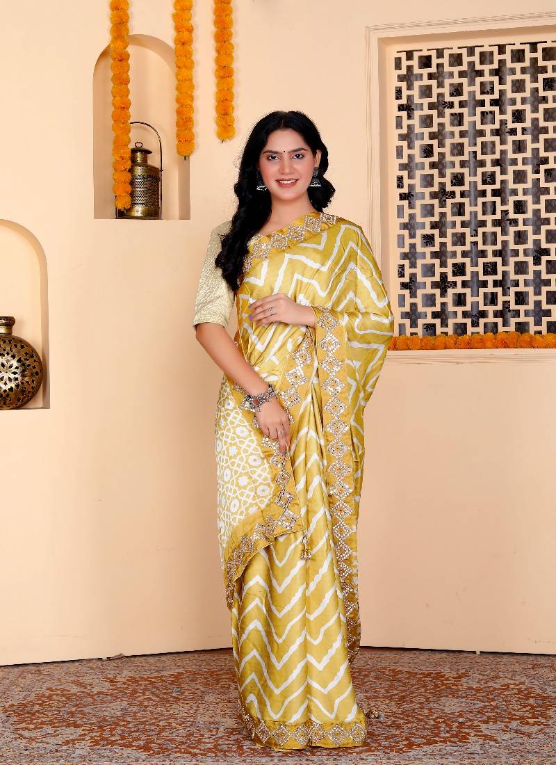 Yellow digital print silk blend handwok saree for women