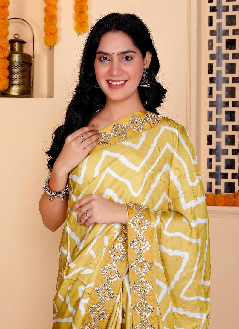 Yellow digital print silk blend handwok saree for women