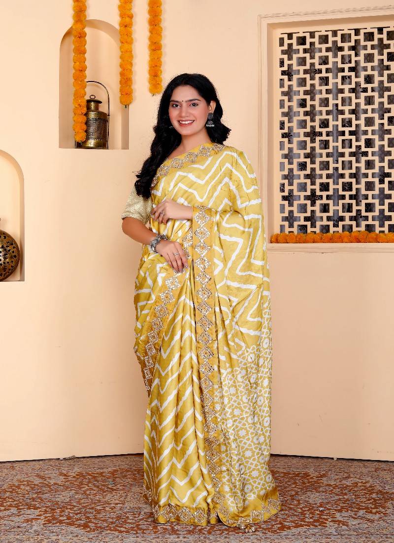 Yellow digital print silk blend handwok saree for women