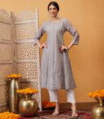 Hand embroidered grey cotton lucknowi chikankari anarkali a-line kurta