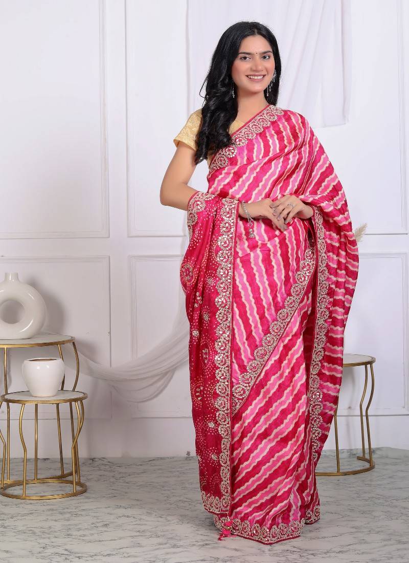 Pink digital print bandhani silk blend hand-work saree