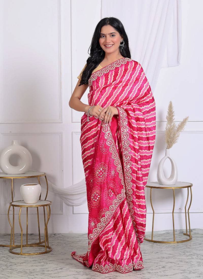 Pink digital print bandhani silk blend hand-work saree
