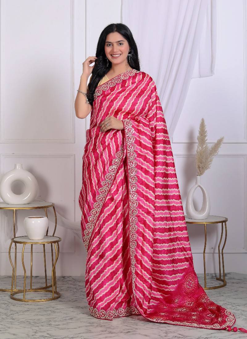 Pink digital print bandhani silk blend hand-work saree