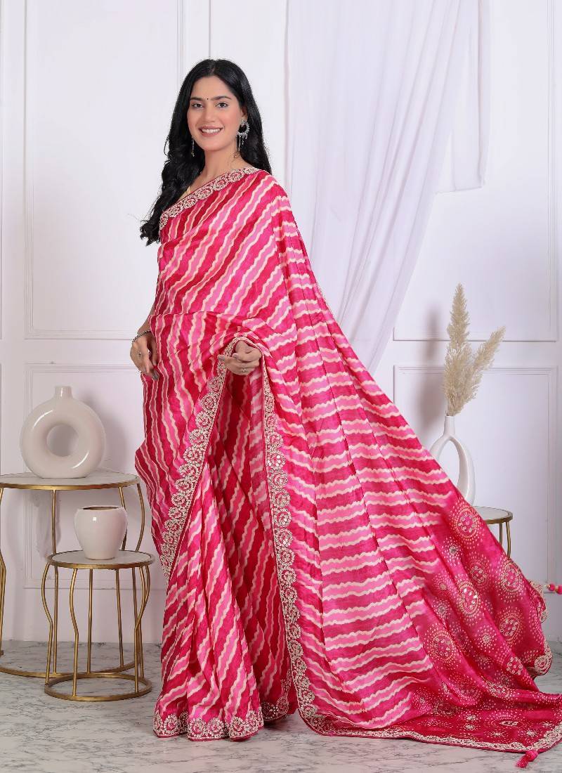 Pink digital print bandhani silk blend hand-work saree