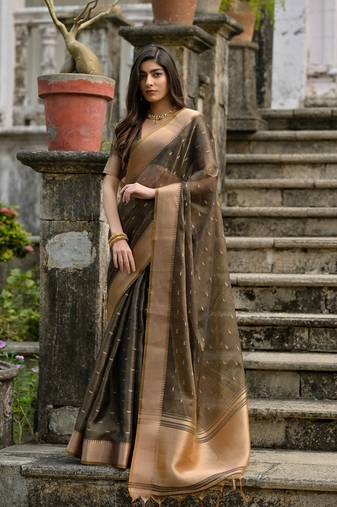 Coffee zari woven butti saree with zari woven pallu