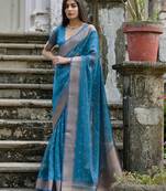 Blue zari woven butti saree with zari woven pallu