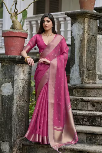 Pink zari woven butti saree with zari woven pallu
