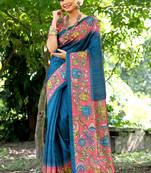 Blue solid design saree with contrast flower printed pallu