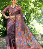 Coffee solid design saree with contrast flower printed pallu