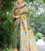 Mahendi solid design saree with contrast flower printed pallu