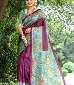 Wine solid design saree with contrast flower printed pallu