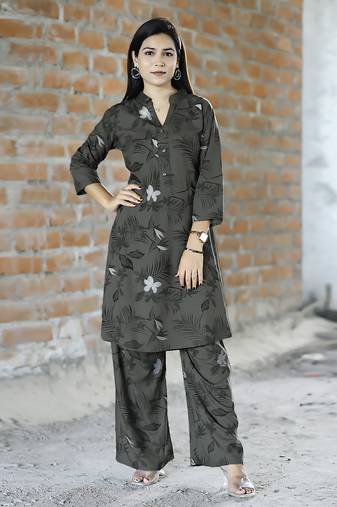 Olive rayon viscose 21 kg floral & leaf printed party co-ord set