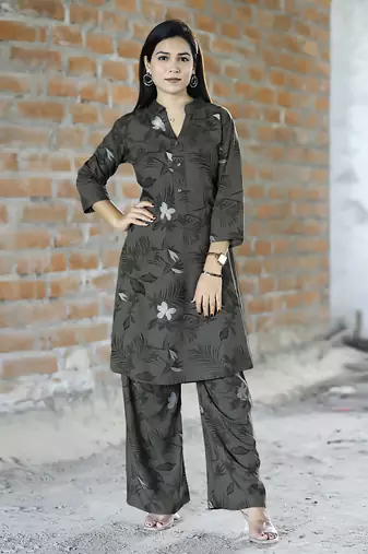 Olive rayon viscose 21 kg floral & leaf printed party co-ord set