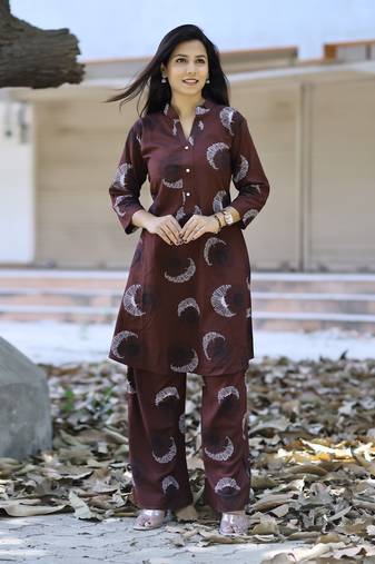 Coffee brown rayon viscose 21 kg sunflower printed party co-ord set
