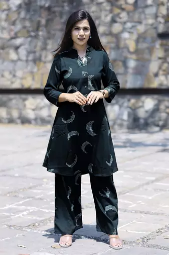 Navy blue rayon viscose 21 kg sunflower printed party co-ord set