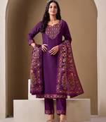 Purple viscose blend brasso geometric printed gold foil straight kurta with pant & printed dupatta