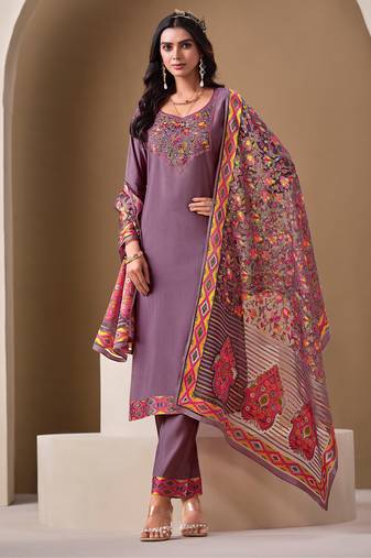 Lavender viscose blend brasso floral & leaf printed gold foil straight kurta with pant & printed dupatta