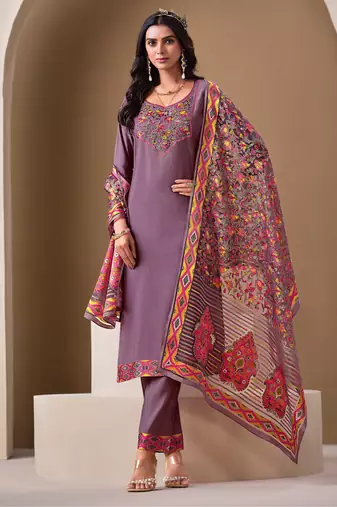 Lavender viscose blend brasso floral & leaf printed gold foil straight kurta with pant & printed dupatta
