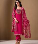 Pink viscose blend brasso floral & leaf printed gold foil straight kurta with pant & printed dupatta