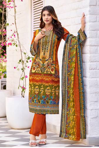 Multicolor cotton blend floral & leaf print pakistani style kurta with pant & printed dupatta
