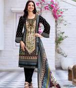 Black cotton blend floral & leaf print pakistani style kurta with pant & printed dupatta