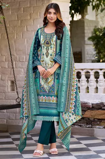 Sea green cotton blend floral & leaf print pakistani style kurta with pant & printed dupatta