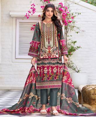 Grey cotton blend floral & leaf print pakistani style kurta with pant & printed dupatta 1