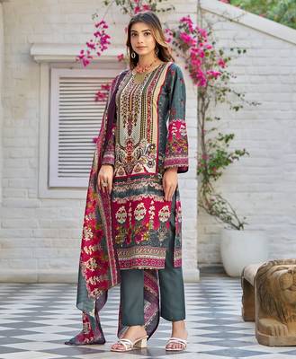 Grey cotton blend floral & leaf print pakistani style kurta with pant & printed dupatta 2