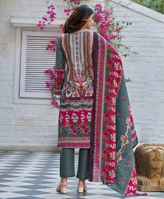 Grey cotton blend floral & leaf print pakistani style kurta with pant & printed dupatta 3